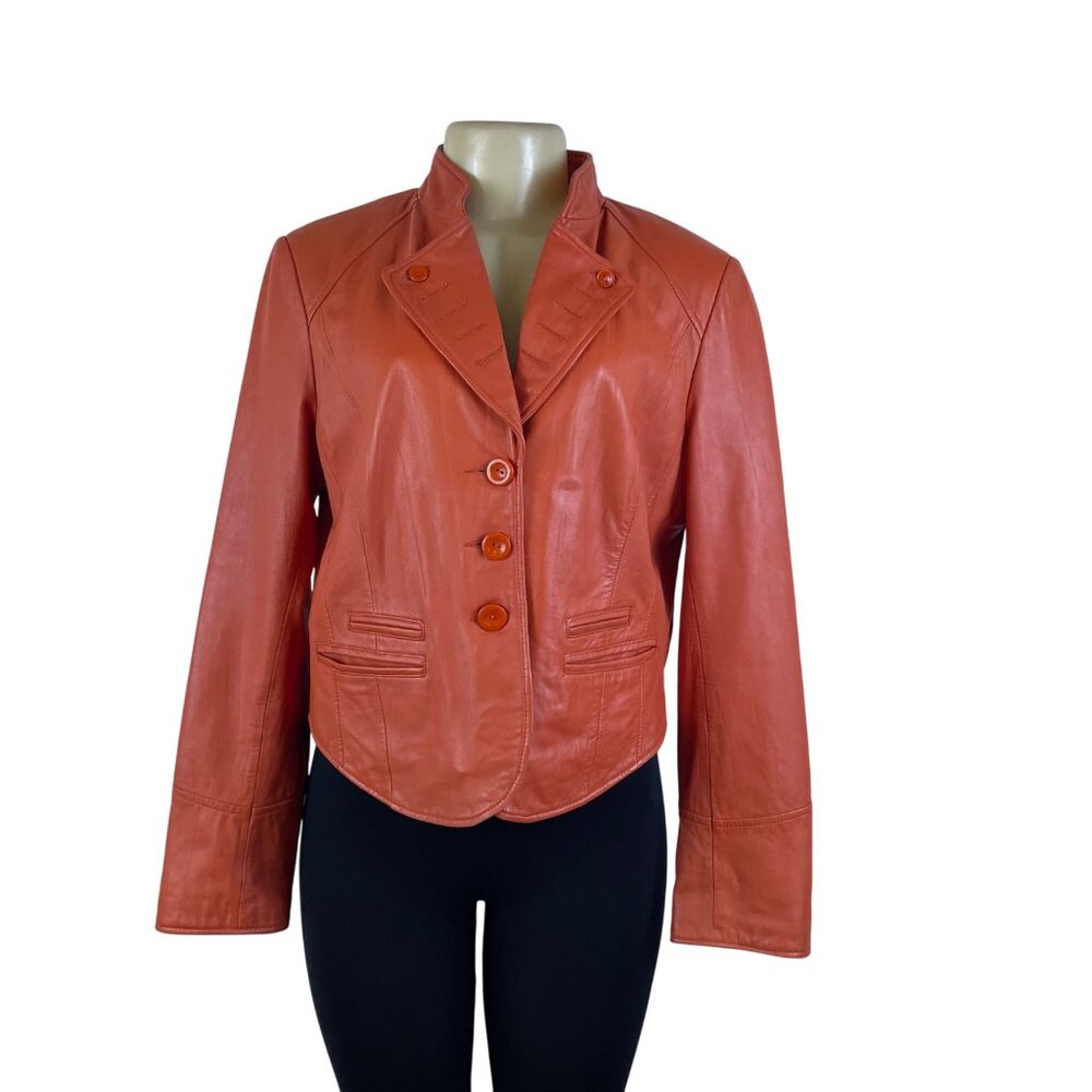 Cache Women's Orange Faux Leather Button-Front Jacket Stylish Fit - Picture 1 of 11